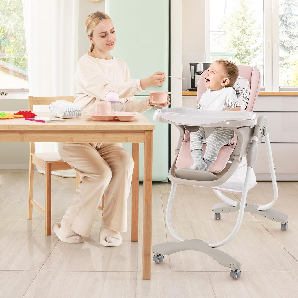 HONEY JOY Baby High Chair, Foldable High Chairs for Babies and Toddlers, Adjustable Heights, Recline Backrest & Footrest, Double-Layer Tray & Cushion, Portable Infant Highchair with Wheels (Pink)