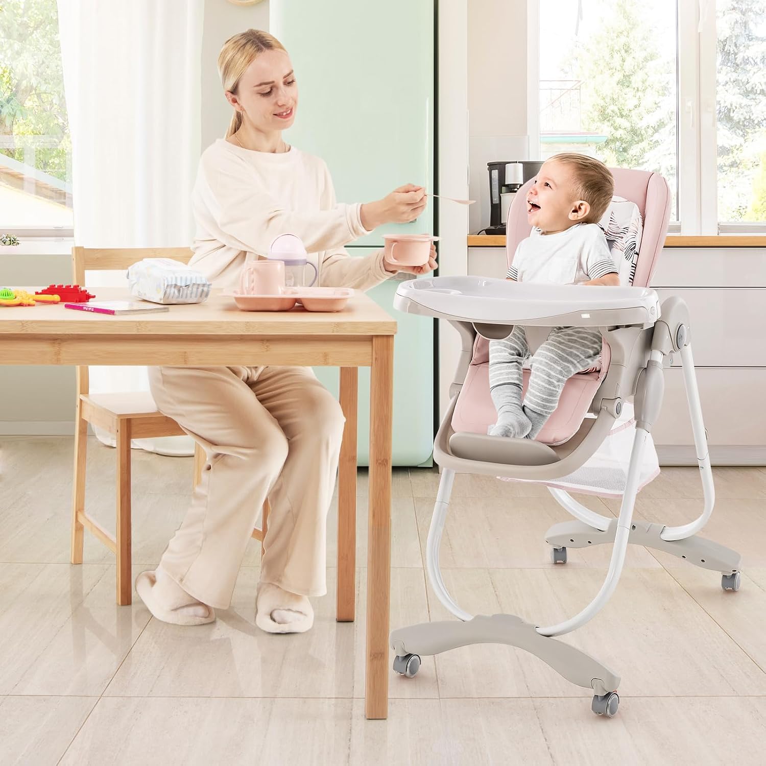 HONEY JOY Baby High Chair, Foldable High Chairs for Babies and Toddlers, Adjustable Heights, Recline Backrest & Footrest, Double-Layer Tray & Cushion, Portable Infant Highchair with Wheels (Pink)