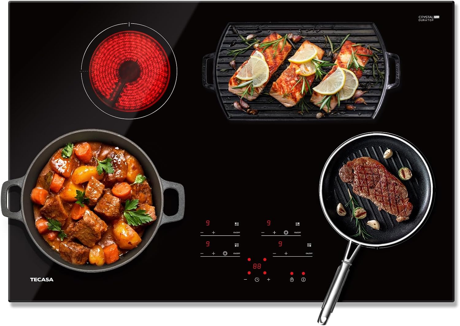 30 Inch Electric Cooktop, TECASA 7300W Radiant Electric Hob with 4 Burners, 240V Built-in Sensor Touch Control Stove Top with Child Safety Lock & Timer, 9 Heating Levels, Hard Wire (No Plug)