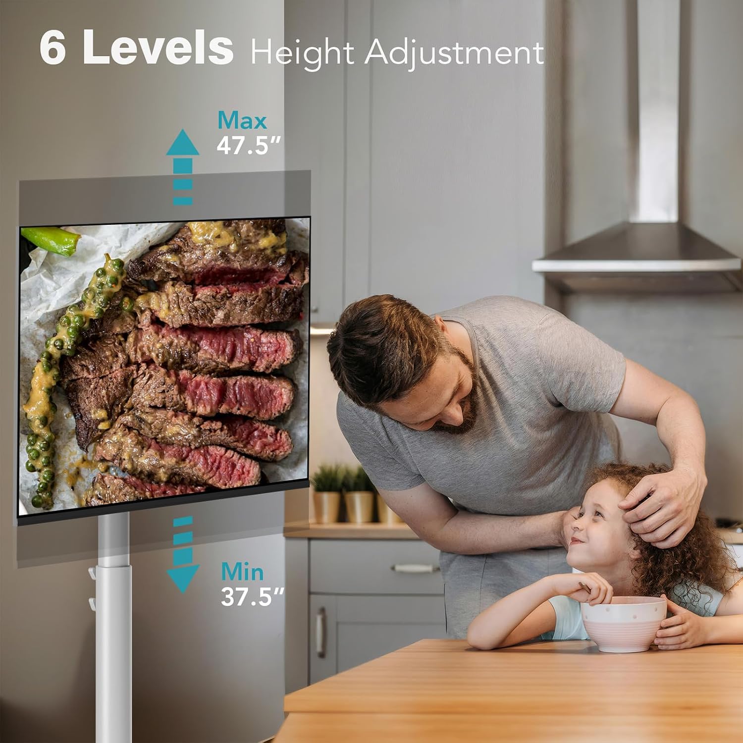 Floor Mobile TV Stand with Power Outlet, Rolling TV Cart for 27-65 Inch OLED LED Monitors, 6 Levels of Height Adjustment, Ambient Lighting on the Bottom Wheels Holds up to 88lbs, 400x400mm
