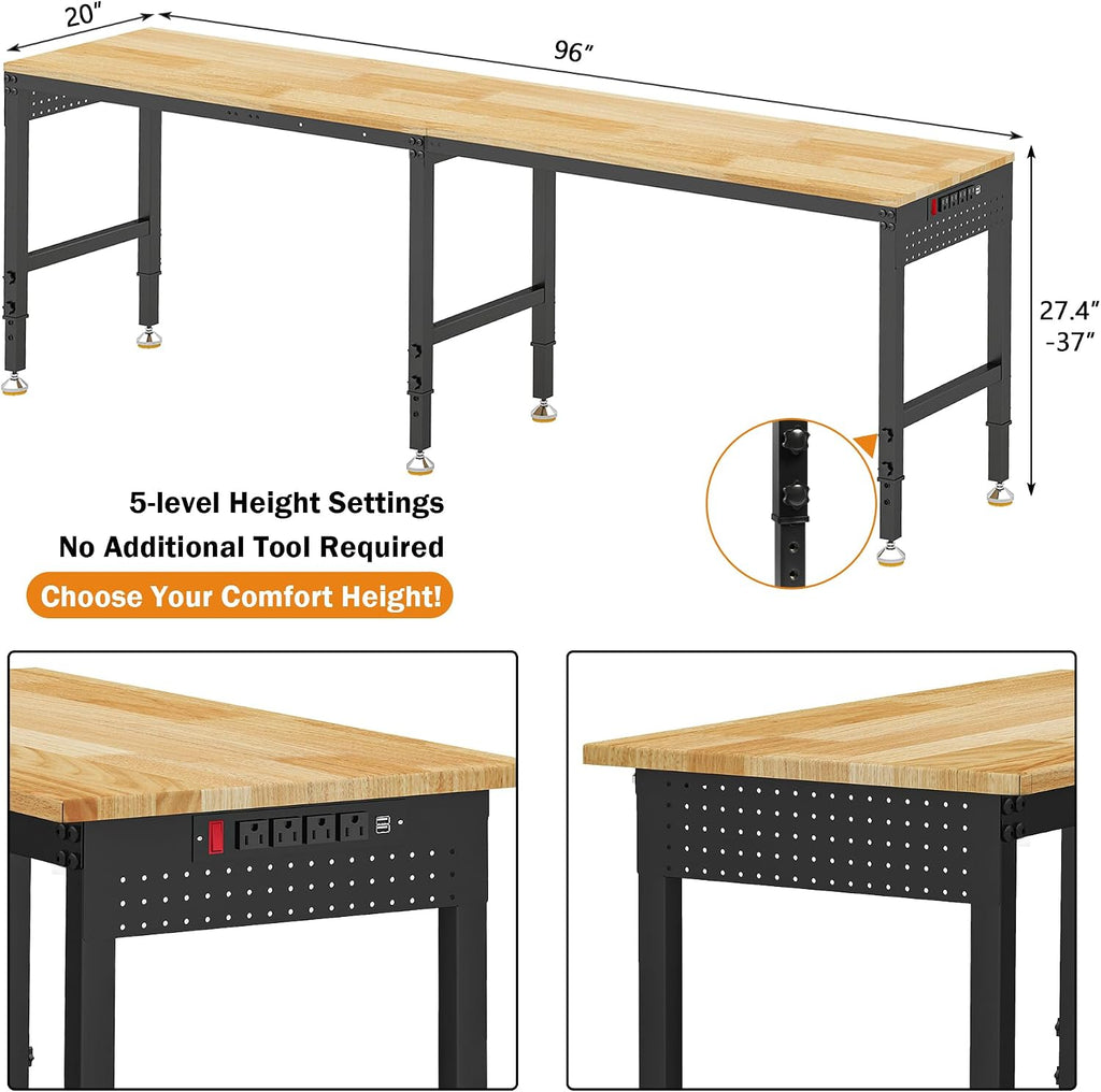 Betterhood 96' Adjustable Workbench, 5000 LBS Heavy Duty Work Table with Power Outlets & Pegboard, Rubber Wood Workstation for Garage, Workshop, Office, Home, Commercial