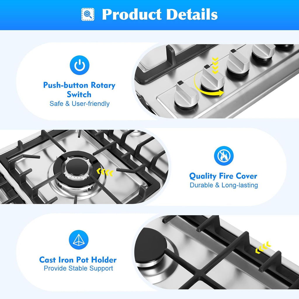 Gas Cooktop, 5 Burner Propane Stove Top, Electronic Pulse Ignition Portable Gas Stove with Push-button Rotary Switch, Built-In Stainless Steel GasCooktop for Homes or Restaurants.