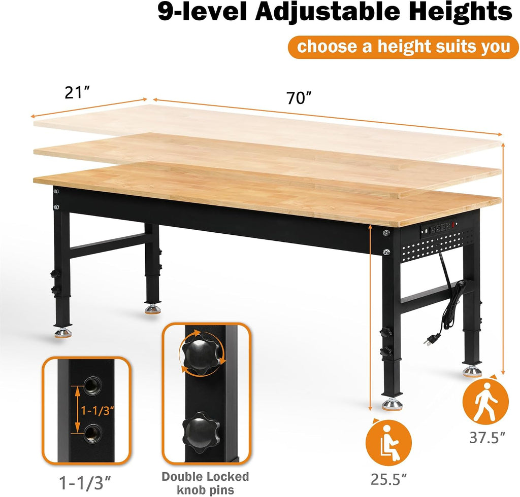 Betterhood 70' Adjustable Height Workbench, 2000 LBS Heavy Duty Work Table with Power Outlets & Pegboard, Rubber Wood Workstation for Garage, Workshop, Office, Home, Commercial