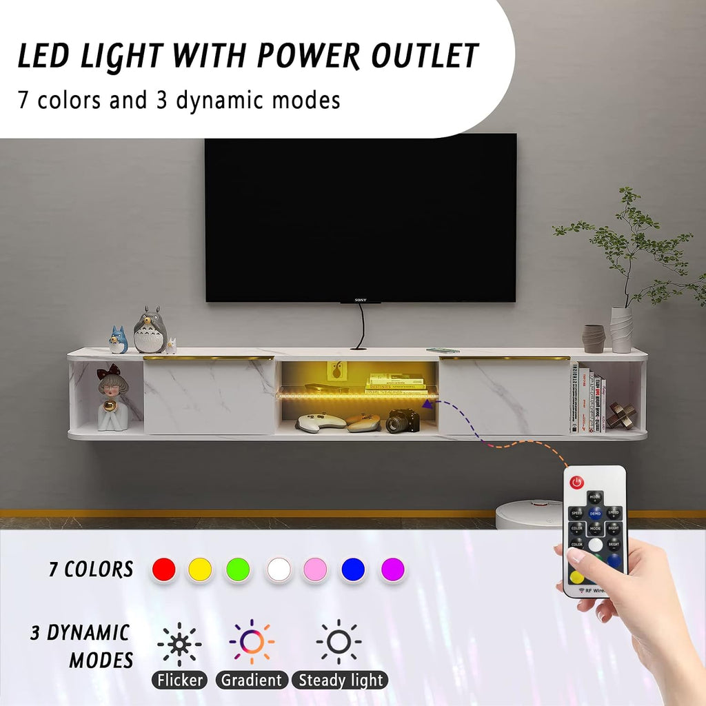Pmnianhua LED Floating TV Stand with 2 Drawers,70'' Floating TV Shelf with LED Lights,Wall Mounted Media Console,Floating Entertainment Center with Storage for Bedroom Playroom Living Room(White)