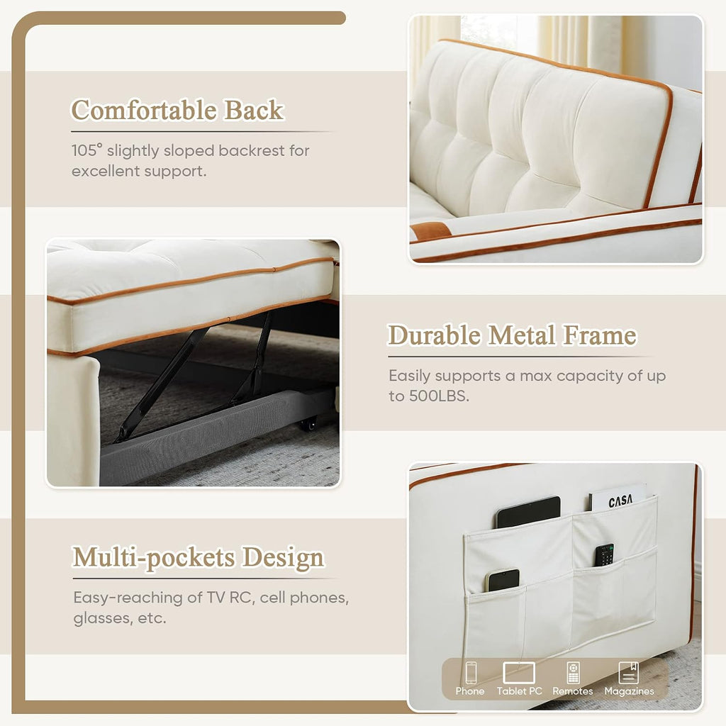 3 in 1 Sleeper Sofa Couch Bed, Small Tufted Velvet Convertible Loveseat Futon Sofa w/Pullout Bed, Adjustable Backrest, Cylinder Pillows for Living Room Apartment, Easy to Assemble, Beige, 55.5'