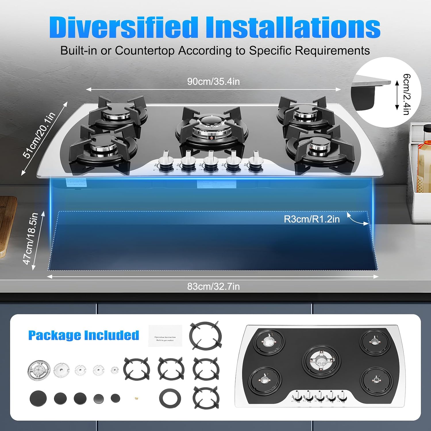 5 Burner Gas Stove, 30In Gas Cooktop, NG/LPG Dual Fuel Cooktops Gas Cooker, Built-In Stove Top Stainless Steel with Tempered Glass Panel, Independent Switch Control, for Home Kitchen, Restaurant