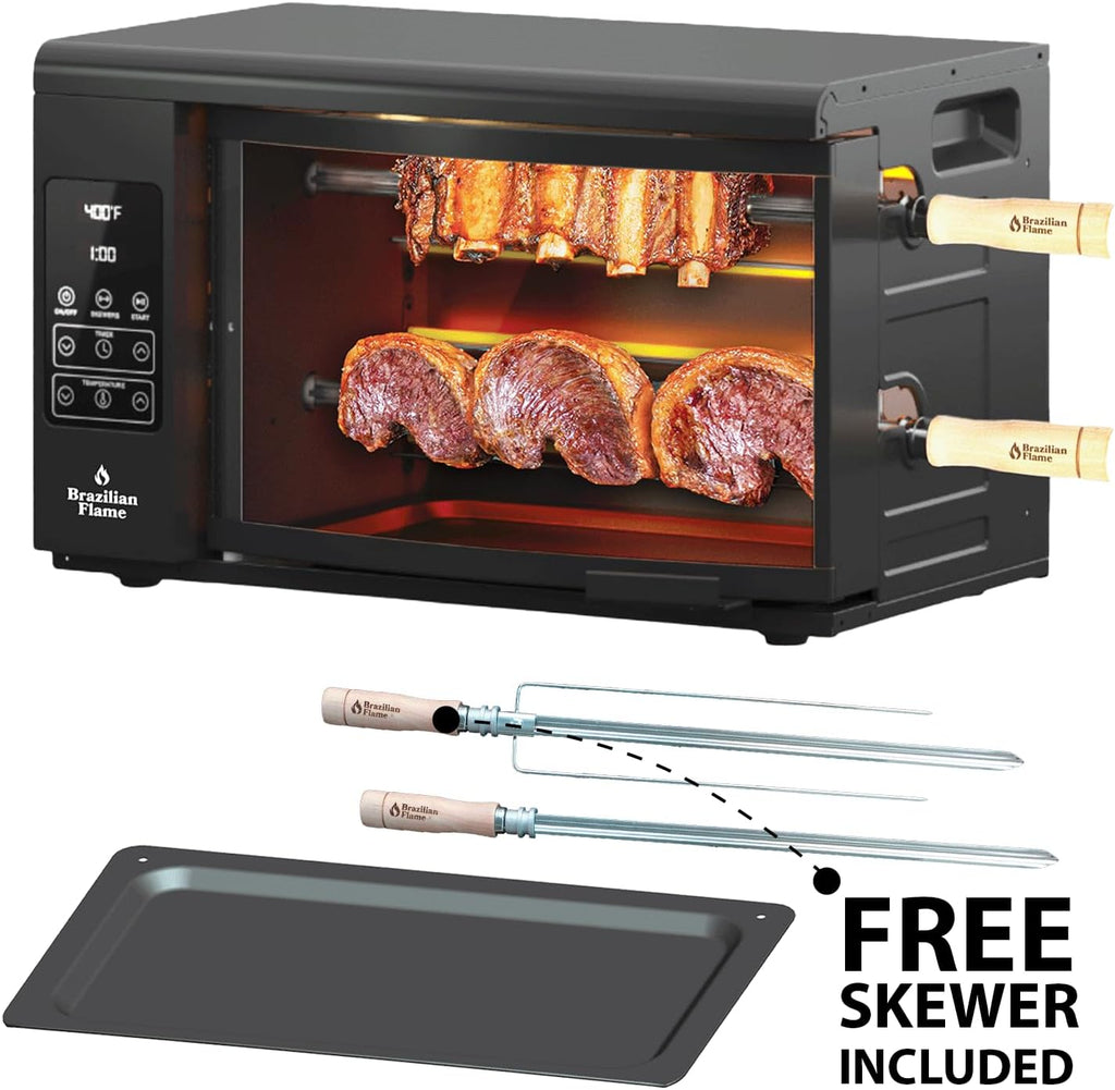 Electric Rotisserie Oven Brazilian Flame VOLTA | Vertical Countertop Grill with Auto-Rotating Skewers Shawarma Grill Machine Meat Kebab | Indoor Adjustable Temperature | 8lb Capacity | World Cup Grill