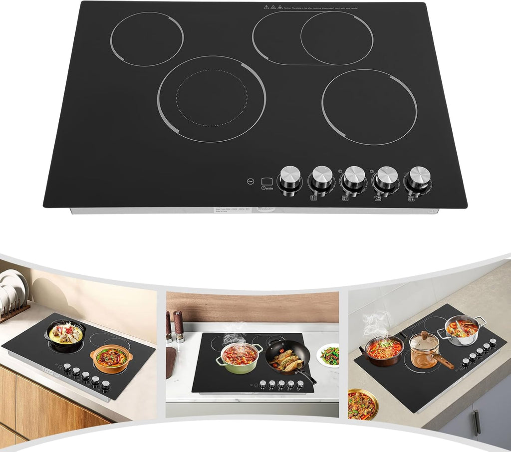 Electric Cooktop 30 Inch, Electric Stovetop Built-In Electric Cooktop 4 Burner Stove Top with Safe Lock, 600W-1200W Desktop/Embedded Electric Ceramic Cooktop with Led Display, 29.53 * 20.08 * 3.94In