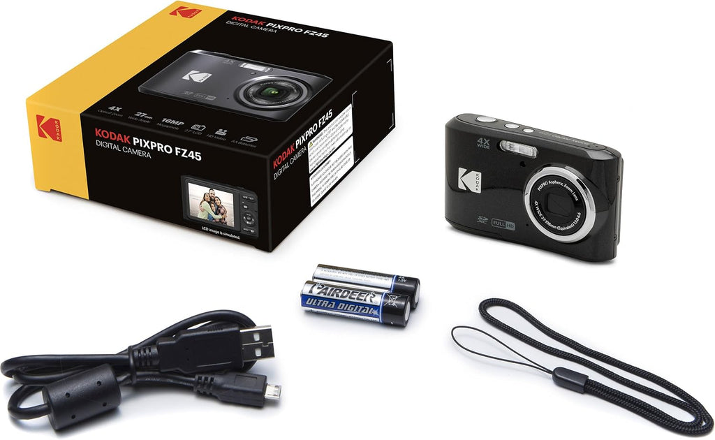 Kodak PIXPRO FZ45 16MP Digital Camera 4X Optical Zoom 27mm Wide Angle 1080P Full HD Video 2.7' LCD Camera (Black) + 64GB Card and Reader + Memory Wallet