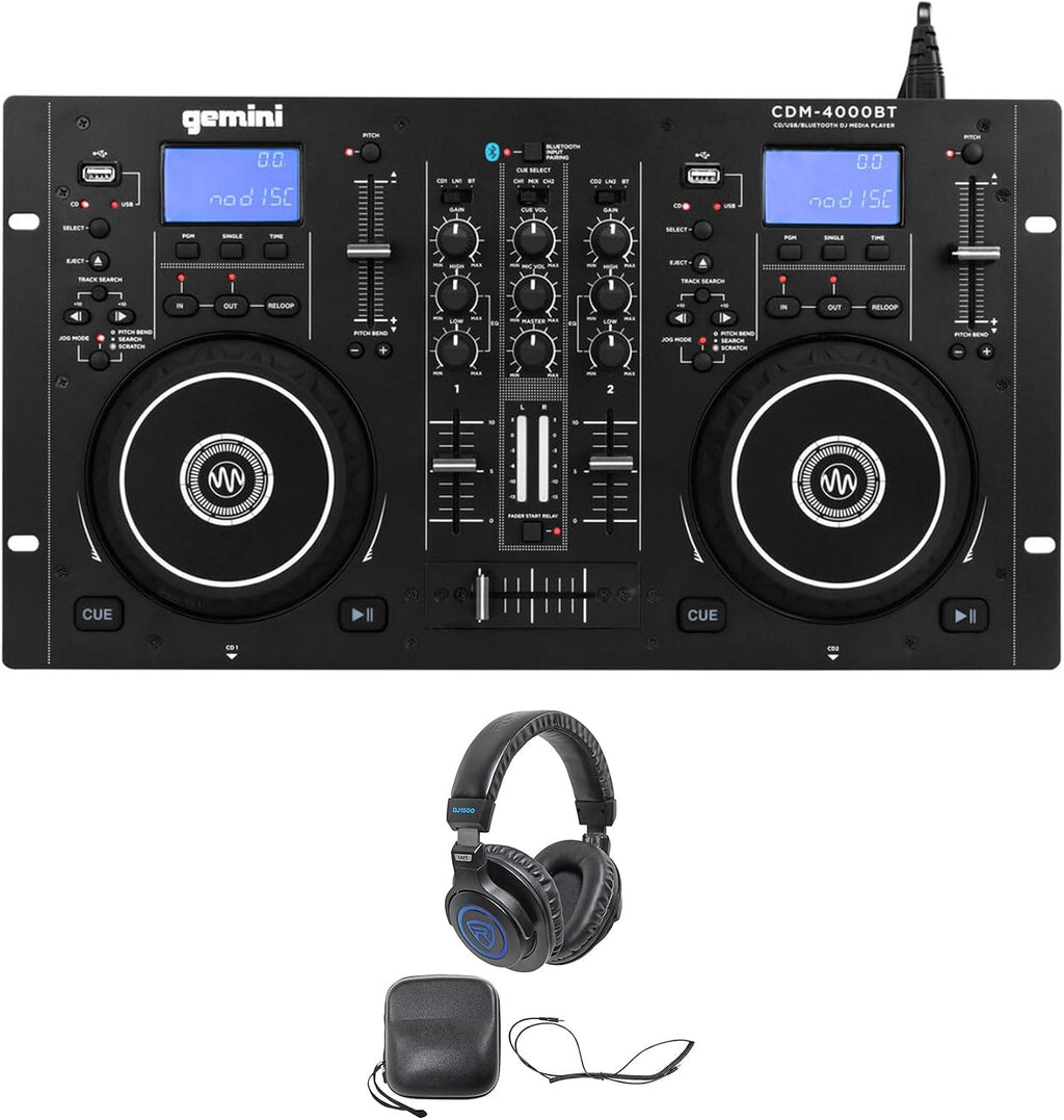Audiosavings Bundle:(1) Gemini CDM-4000BT Dual DJ CD/USB Media Player with Bluetooth + Mixer Bundle with (1) Rockville DJ1500 DJ Headphones w/Detachable Coil Cable, Case+Extra Ear Pad (Items 2)