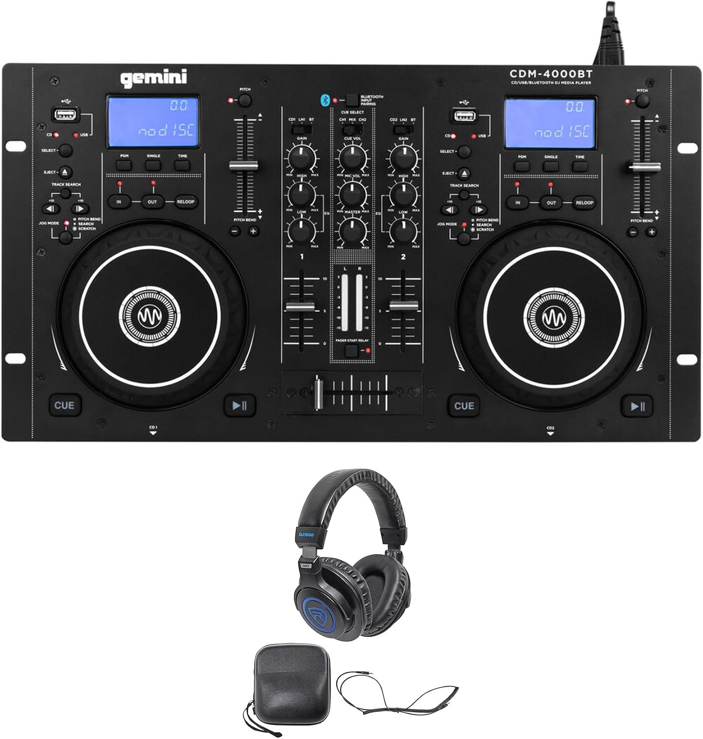 Audiosavings Bundle:(1) Gemini CDM-4000BT Dual DJ CD/USB Media Player with Bluetooth + Mixer Bundle with (1) Rockville DJ1500 DJ Headphones w/Detachable Coil Cable, Case+Extra Ear Pad (Items 2)