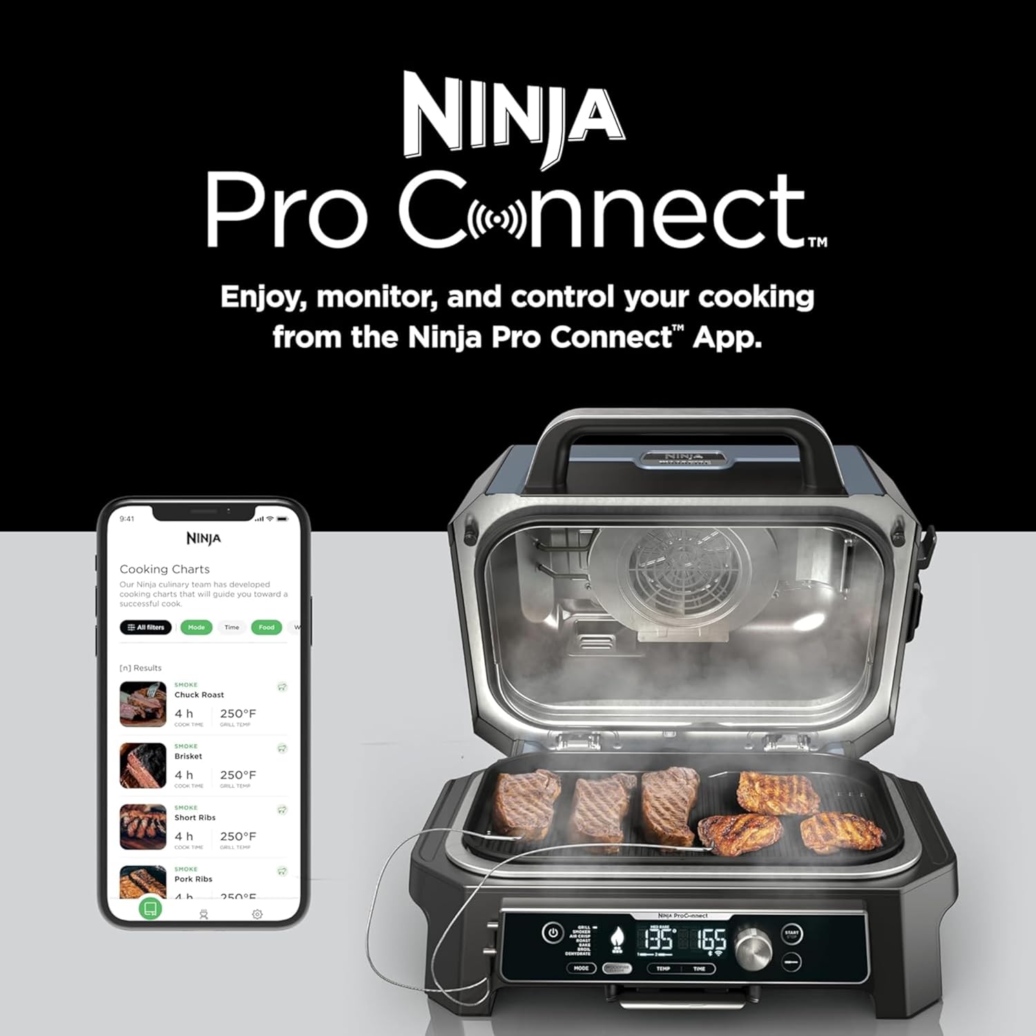Ninja Woodfire Pro Connect XL Outdoor Grill & Smoker | Bluetooth, App Enabled | 7-in-1 Grill, BBQ Smoker, Outdoor Air Fryer | Woodfire Technology | Built-In Thermometer | Black & Gold | OG951BK1
