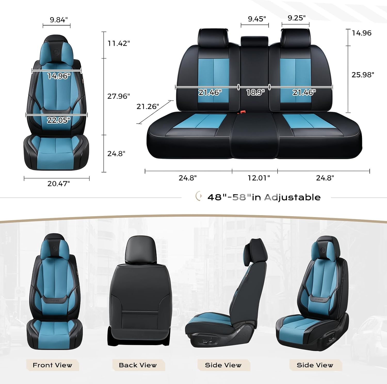Coverado Seat Covers Full Set, 5 Seats Seat Covers for Cars, Waterproof Nappa Leather Car Seat Covers with Head Pillow, Seat Protectors Car Seat Cushion Universal Fit for Most Cars (Black&Blue)