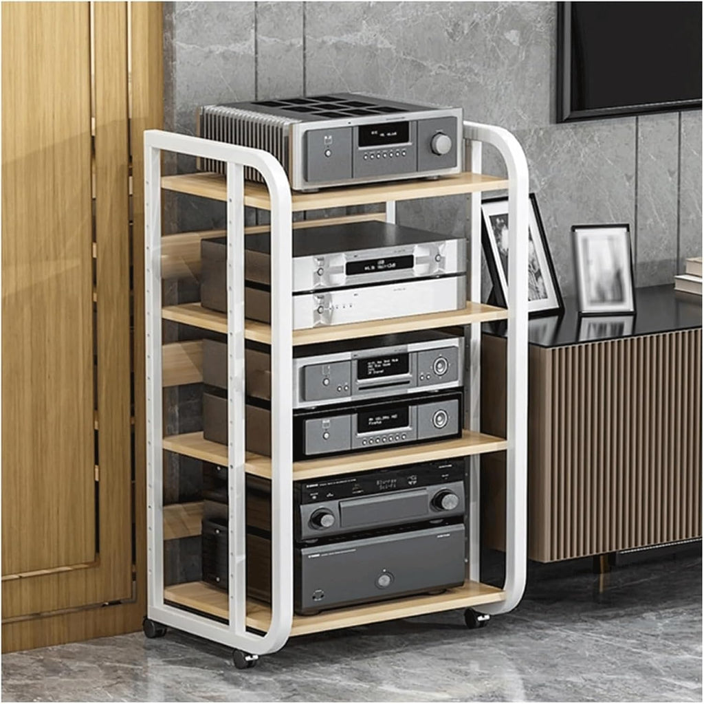 Audio Rack Steel Stereo Rack Audio Equipment Rack Audio Stereo Shelf Wooden Open Adjustable Audio-Video Shelving with Wheels Durable(Wei�,4 Tier)