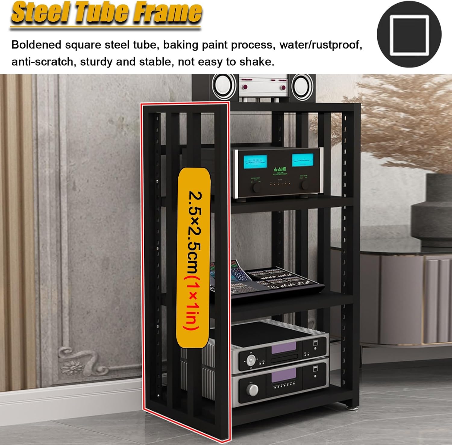 3/4/5-tier Shelves Audio Video Media Stand Cabinet, Modern Stereo Record Player Equipment Rack for Restaurant/Classroom/Bedroom/Conference Room, Height-Adjustable Shelf, Vertical Floor(5 Tier Black Bo
