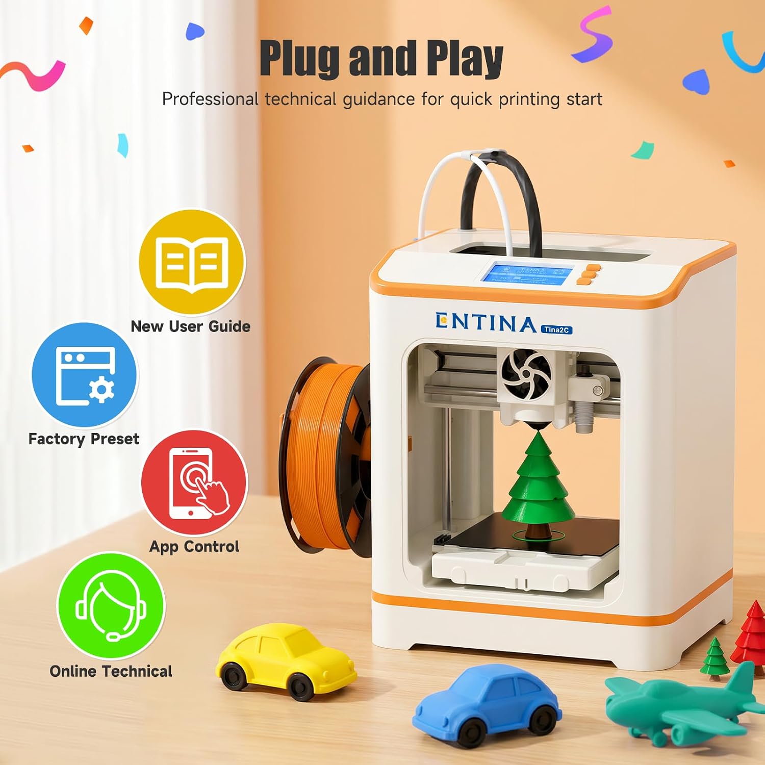 Entina Tina2C Mini 3D Printer for Kids & Beginners, Fully Assembled, Auto Leveling, Easy to Use, WiFi & APP Control, 1500+ Models, DIY Projects, 4 PLA Colors, Ideal for Home & School