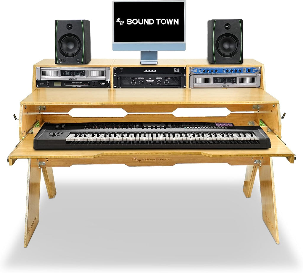 Sound Town Studio Workstation Desk with 3 x 3U Rack Bays, Adjustable Top Shelf, Slide-Out Controller Keyboard Tray, Solid Carbonized Bamboo (SDRK-PF60CB)