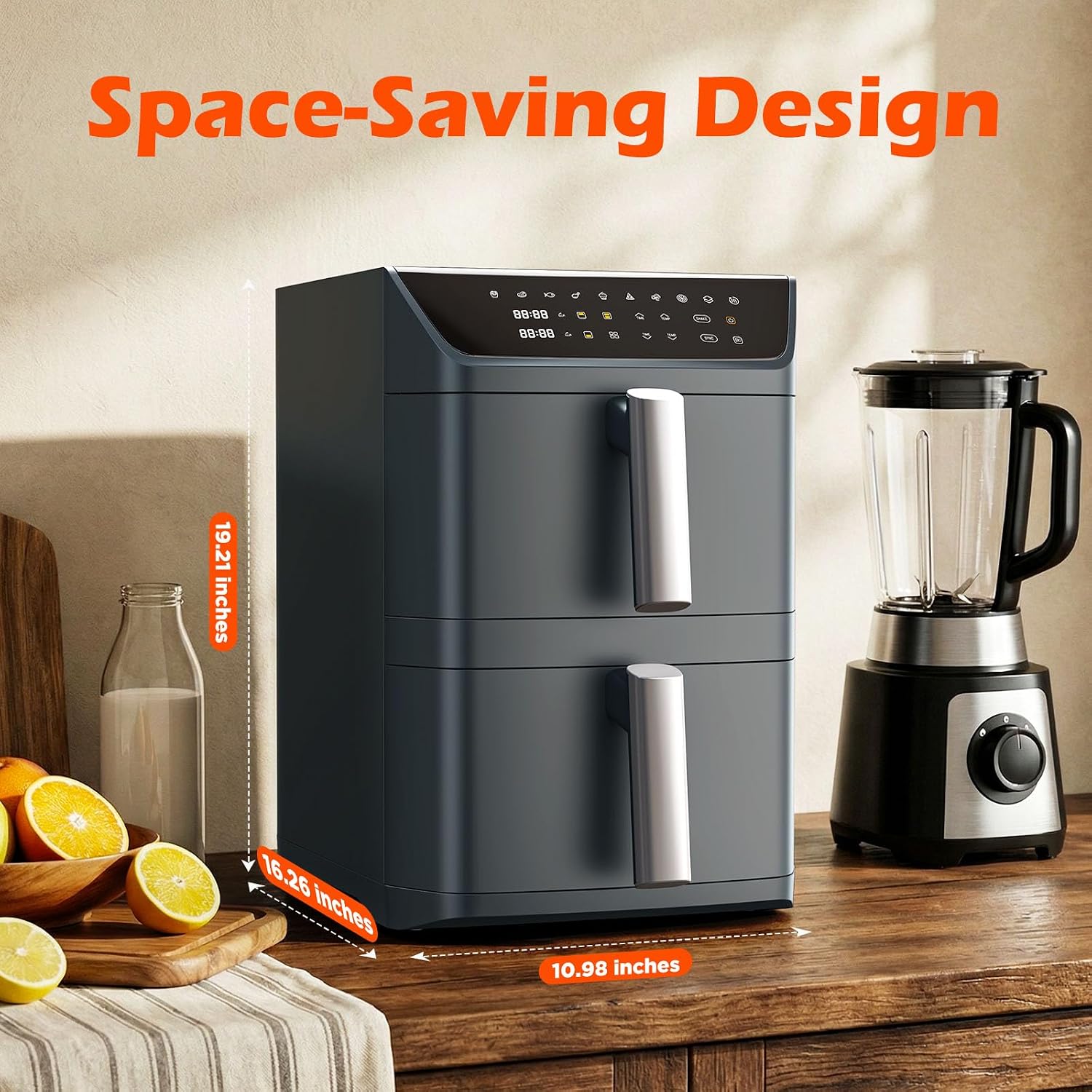 Dual Basket Air Fryer, 12.6QT Family-Size for 10–12 People, XL Basket for 6LB Whole Chicken, DoubleStack Compact Design, 10-in-1 Functions with Reheat, Dehydrate & SyncFinish, Dishwasher-Safe, Gray