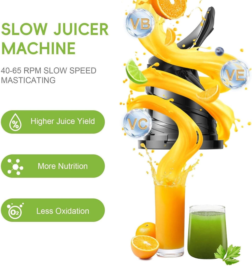 Masticating Juicer with 130mm Feed Chute, 250W Cold Press Juicer, 1.6L Capacity, Slow Juicer for Whole Fruits & Vegetables, Easy to Clean, Grey