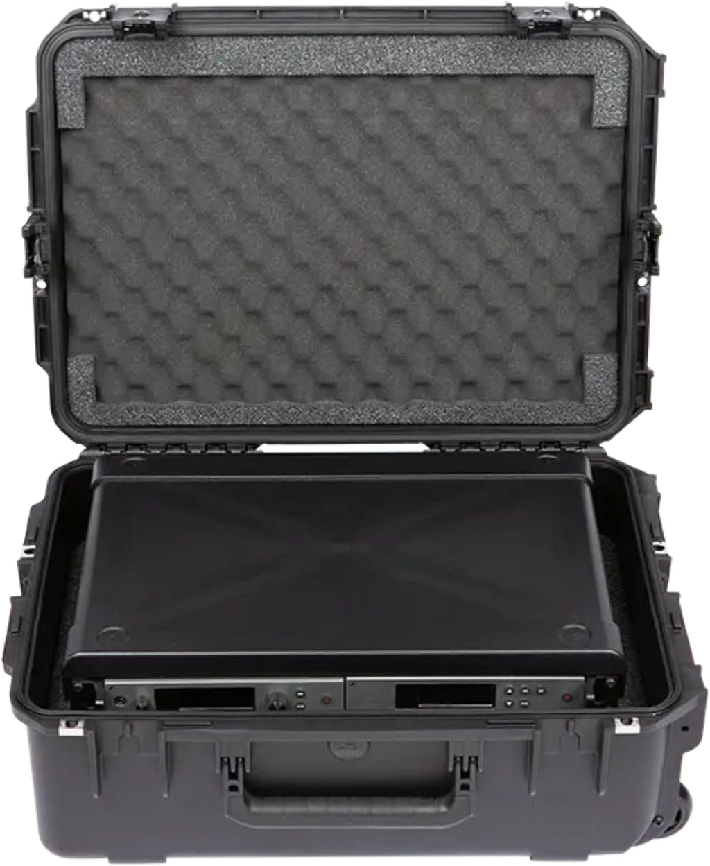 SKB 2U iSeries 13' Injection Molded Fly Rack with Built-In Wheels, Push Button Release Pull Handle and Removable Rack Frames, Black