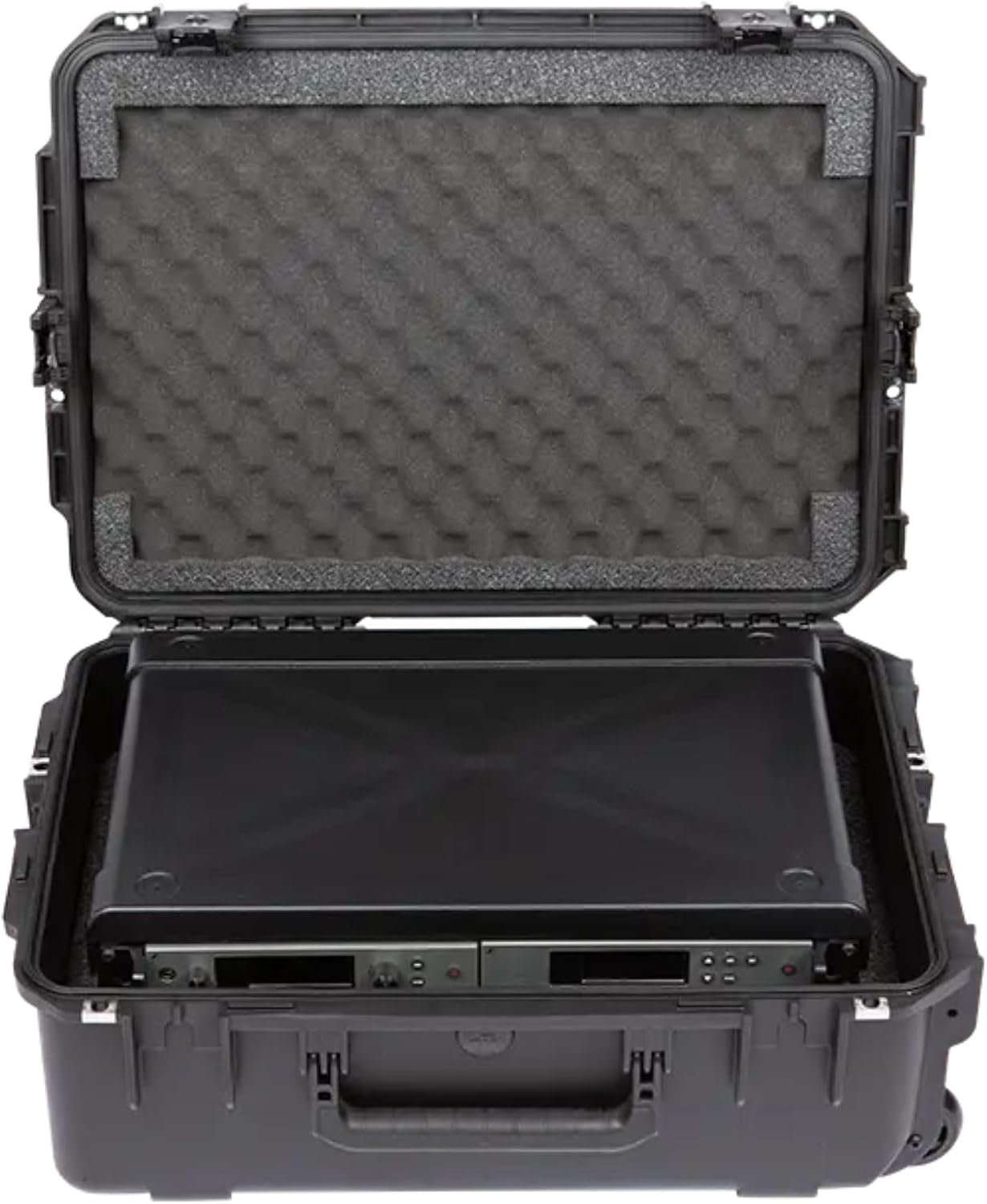 SKB 2U iSeries 13' Injection Molded Fly Rack with Built-In Wheels, Push Button Release Pull Handle and Removable Rack Frames, Black
