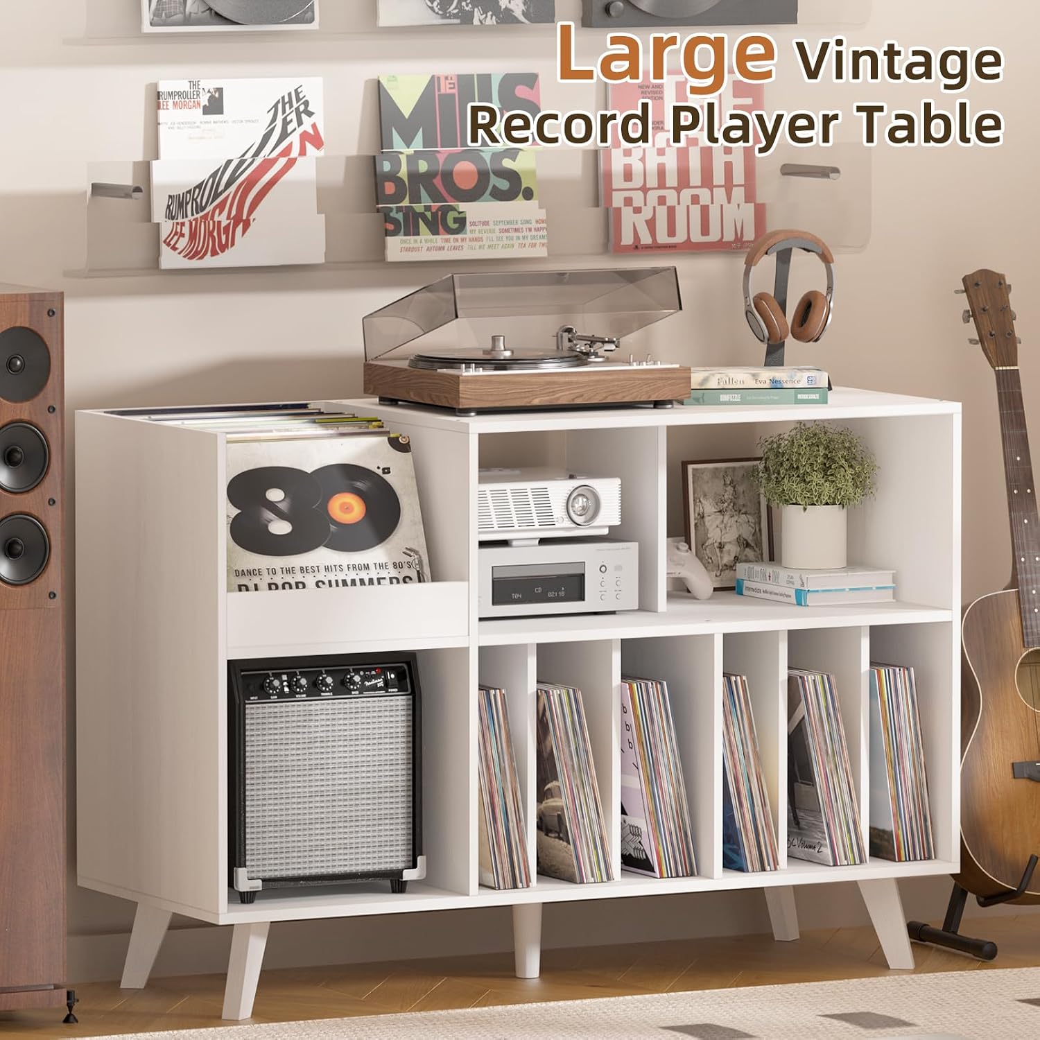 LELELINKY Large 48'' Record Player Stand with Storage, Vinyl Record Storage Holder with Display Area, Turntable Stand Record Player Table Holds Up to 450 Albums,Record Stand for Music Room Living Room