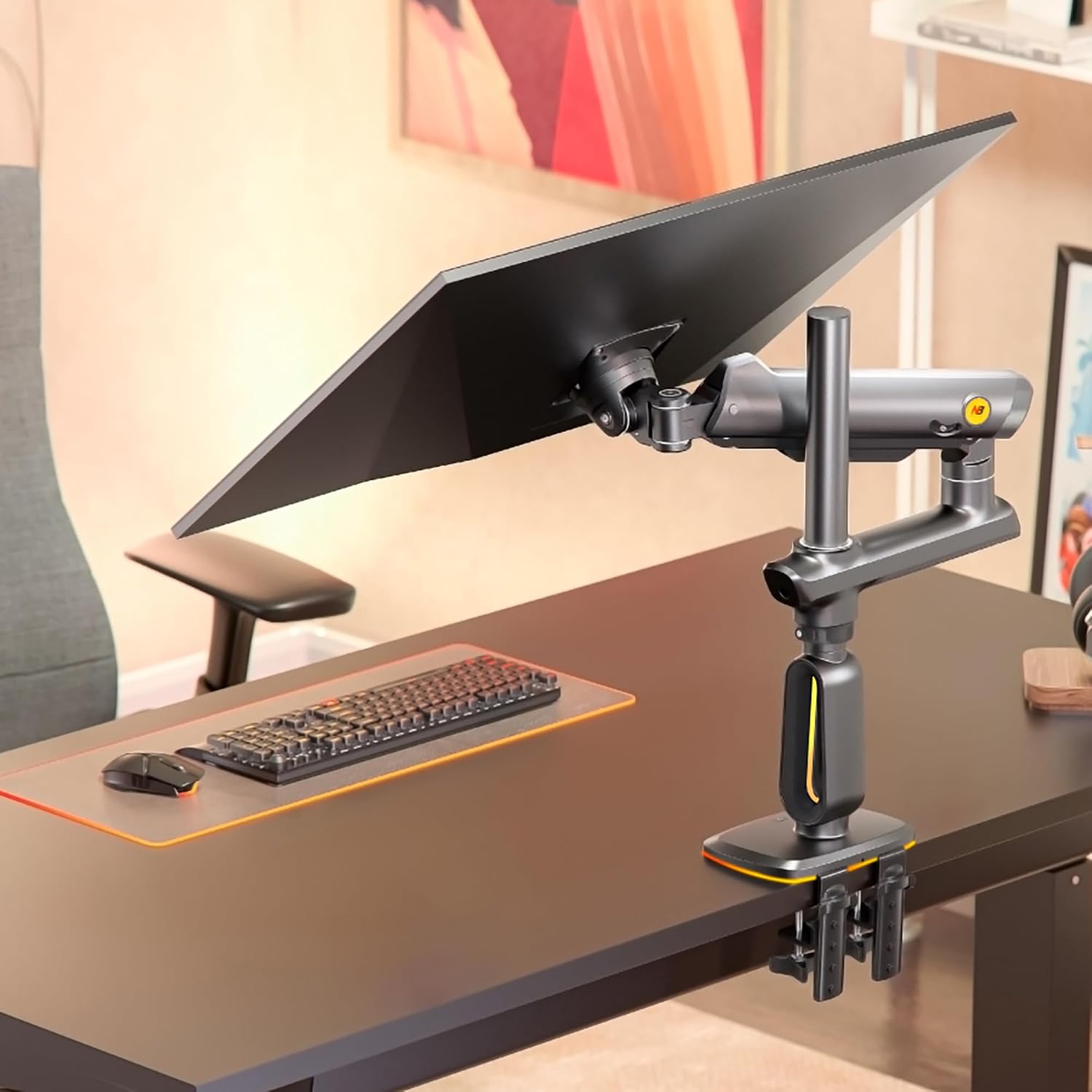 NB Extra Height Gaming Monitor Arm for 32 to 60 Inches Screen, Load up to 20 kg, VESA 75/100, RGB-Light, Heavy Duty, Multi Angle Adjustable, Premium Aluminum, Long Arm Extension Grey Black
