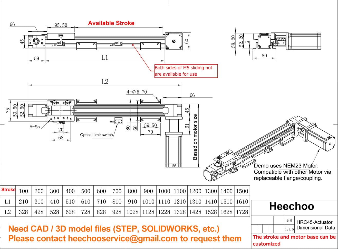 High Speed 1000 MM 40 INCH Stroke Belt Drive Linear Guide Rail Motion Slide Actuator Module for CNC Linear Position Kit