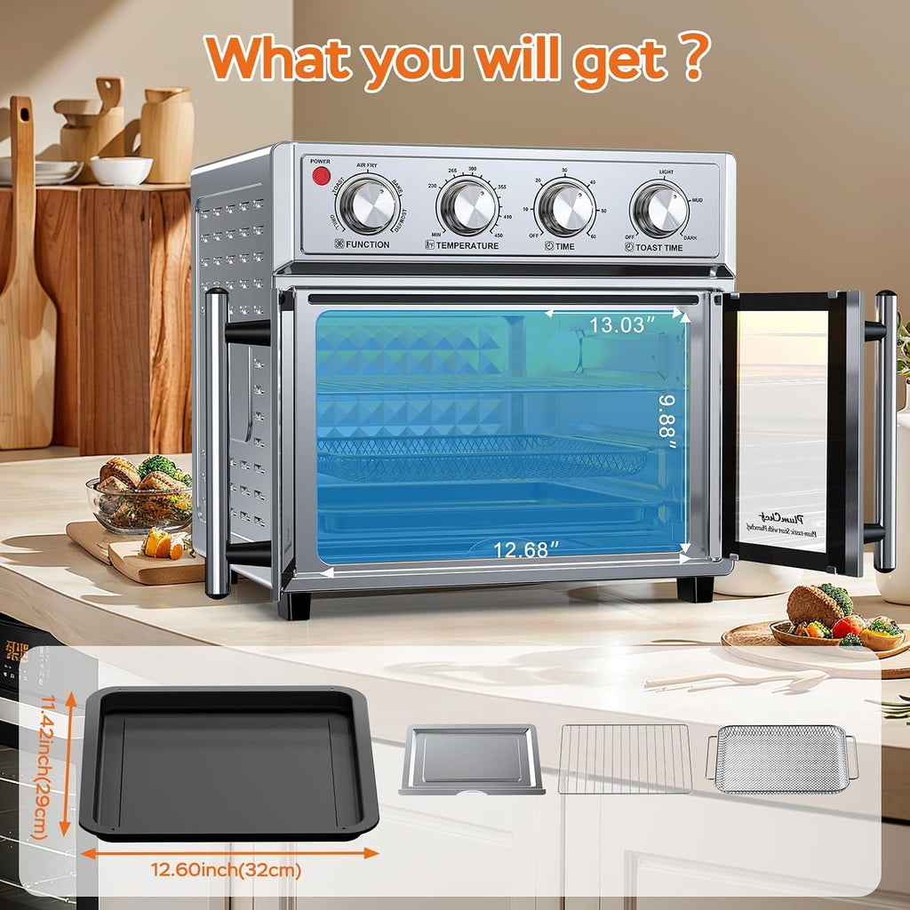 PlumChef 27.5 Quart Extra Large 6 Slices Air Fryer Convection Toaster Oven, French Door, 1700W, Multifunction Oven for Air Fryer, Toast, Grill, Defrost, Bake (Stainless Steel)
