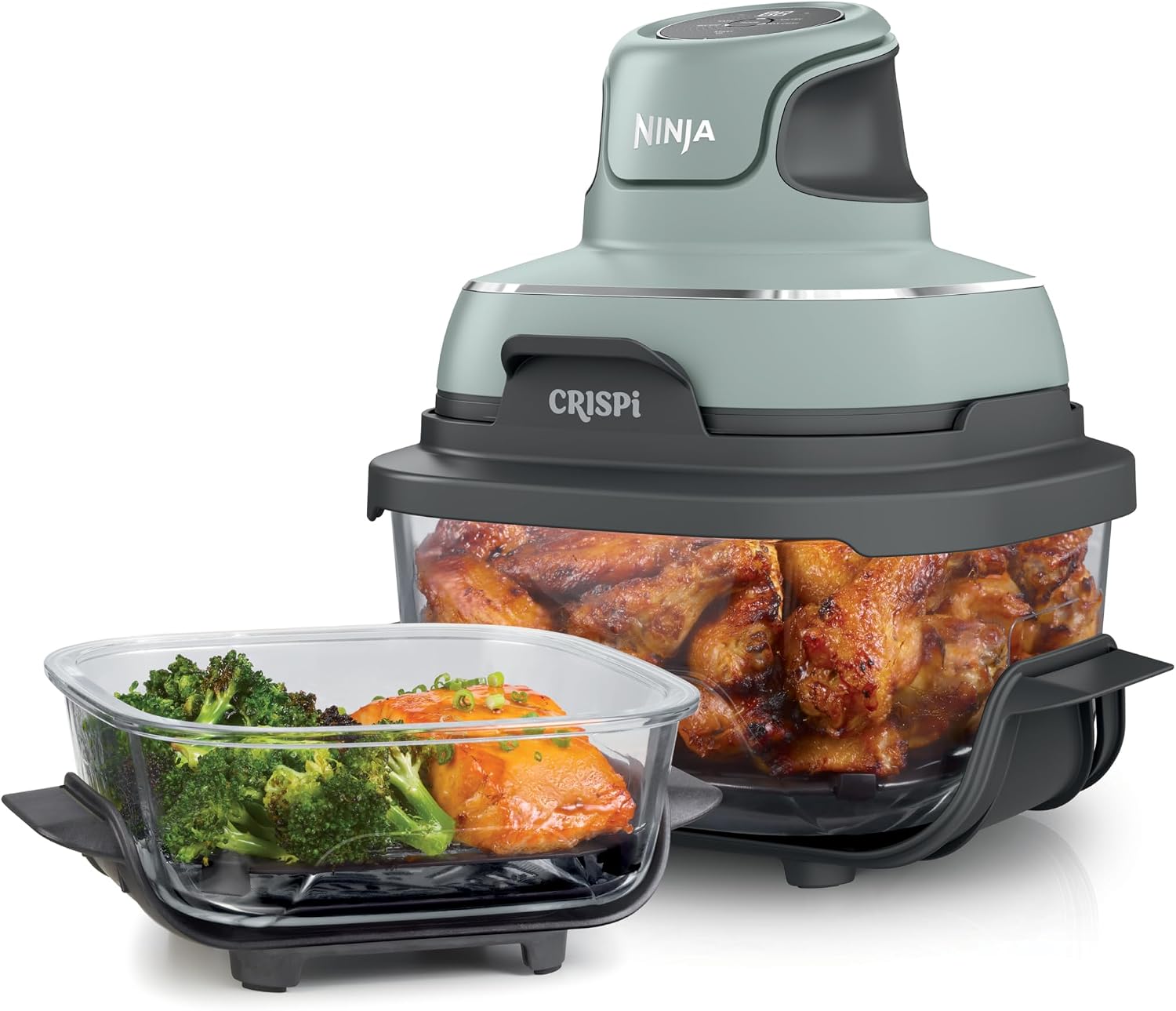 Ninja Crispi 4-in-1 Glass Air Fryer | With Non-Toxic 4QT & 6-Cup Glass Containers & Lids | Microwave, Freezer, Dishwasher Safe | 450°F Max Temp |1500 Watt | Green | FN101SG