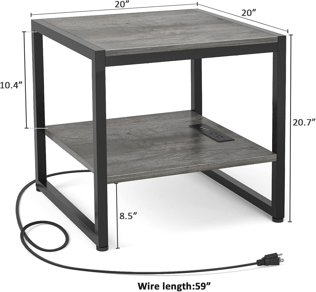 Homieasy End Table with Charging Station, 20' Mini Fridge Stand with Power Outlets, Heavy Duty Side Table for Living Room, Small Table Stand & Fridge Table, Black Oak, 2 Pack