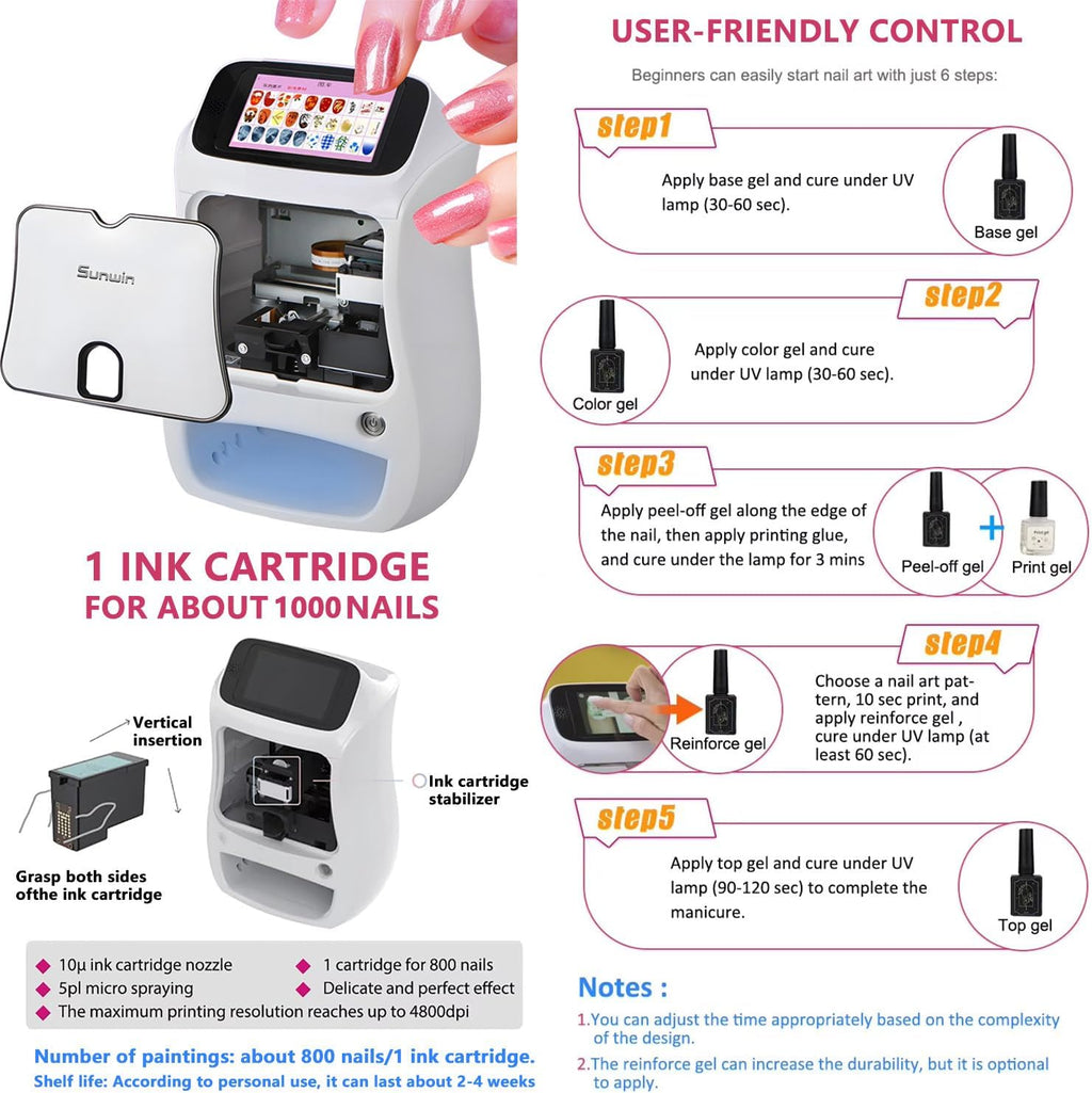 Smart 3D Nail Art Printer Machine with 5' Touchscreen & App Control, 4800DPI High-Resolution, Auto Nail Shape Recognition, 3000+ Designs, DIY Custom Printing Kit for Home & Salon Printer