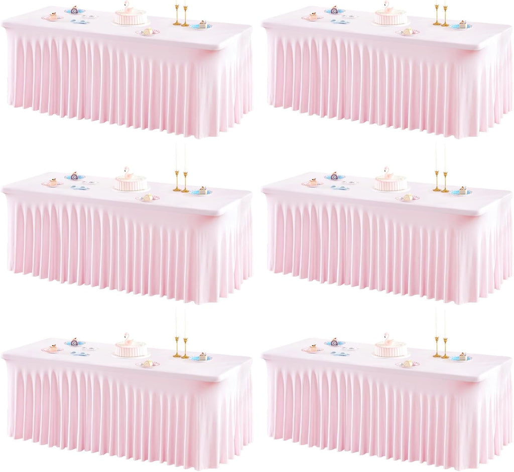 6 Packs Baby Pink Spandex Tableclothes for 8 Foot Rectangle Table, Spandex Table Covers 8FT Stretch Table Skirts Rectangle Wrinkle Free Fitted Table Cover for Event, Wedding, Banquet & Parties