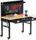 Betterhood 48' Heavy Duty Adjustable Workbench with Large Pegboard, Adjustable Work Table with Power Outlets & Lockable Wheels, Rubber Wood Workstation for Garage, Workshop, Office, Home, Commercial