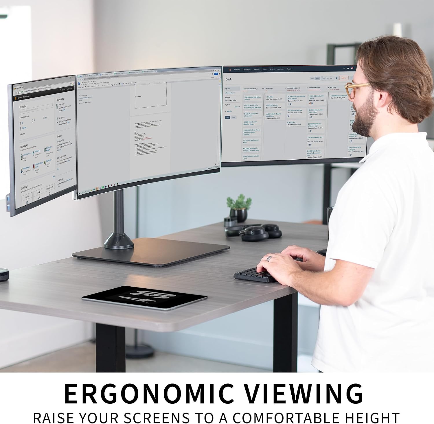 VIVO Premium Freestanding Triple Monitor Desk Mount for 3 Screens up to 22 lbs, Fits up to 38 inch Ultrawides on Center Bracket, Adjustable Telescoping Arms, Flush Wall Setup, Black, STAND-TS03F