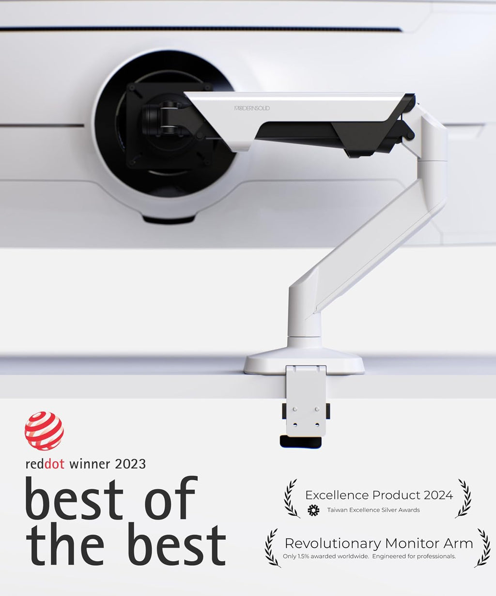 Modernsolid Heavy Duty Monitor Arm Desk Mount for 34-49 Inch Ultrawide Curved Monitors, Supports 14-38 lbs, Gas Spring Ergonomic Full Motion with Cable Management, Red Dot Design Awarded, White