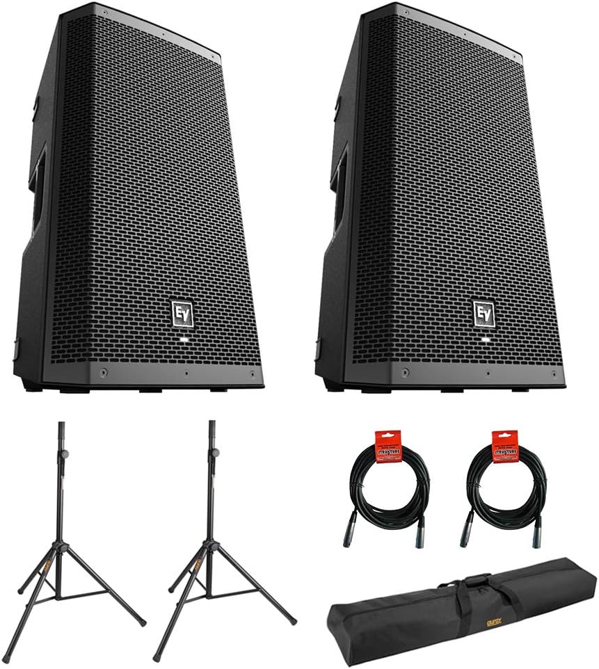 Electro-Voice ZLX-12P-G2 12' 2-Way 1000W Powered Loudspeaker with Bluetooth (Black) Bundle with 2X Steel Speaker Stand, Stand Bag 51'& 2X XLR Cable