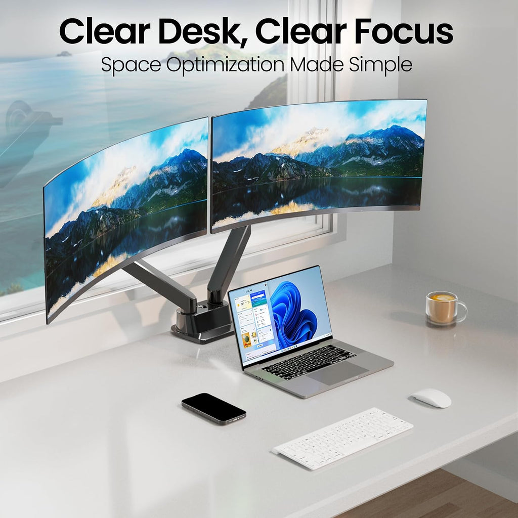 EVEO Premium Dual Monitor Mount 14'-32' Dual Monitor Arm VESA Bracket Adjustable Height Gas Spring Dual Monitor Stand, Screen Full Motion Dual Monitor Arm-Computer Monitor Stand for 2 Screens - Black