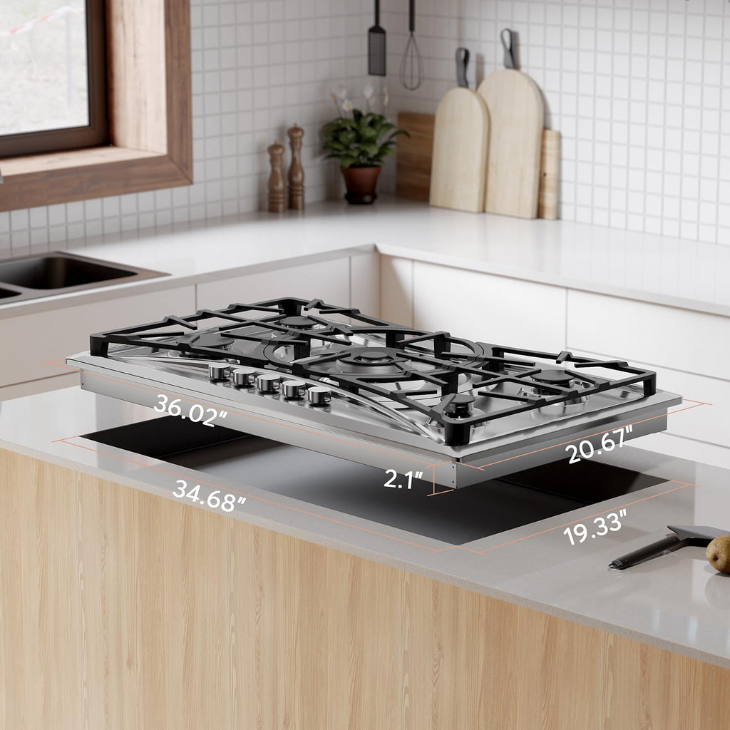 Empava 36 in. Gas Stove Cooktop with 5 Italy Sabaf Sealed Burners NG/LPG Convertible in Stainless Steel EMPV-36GC22