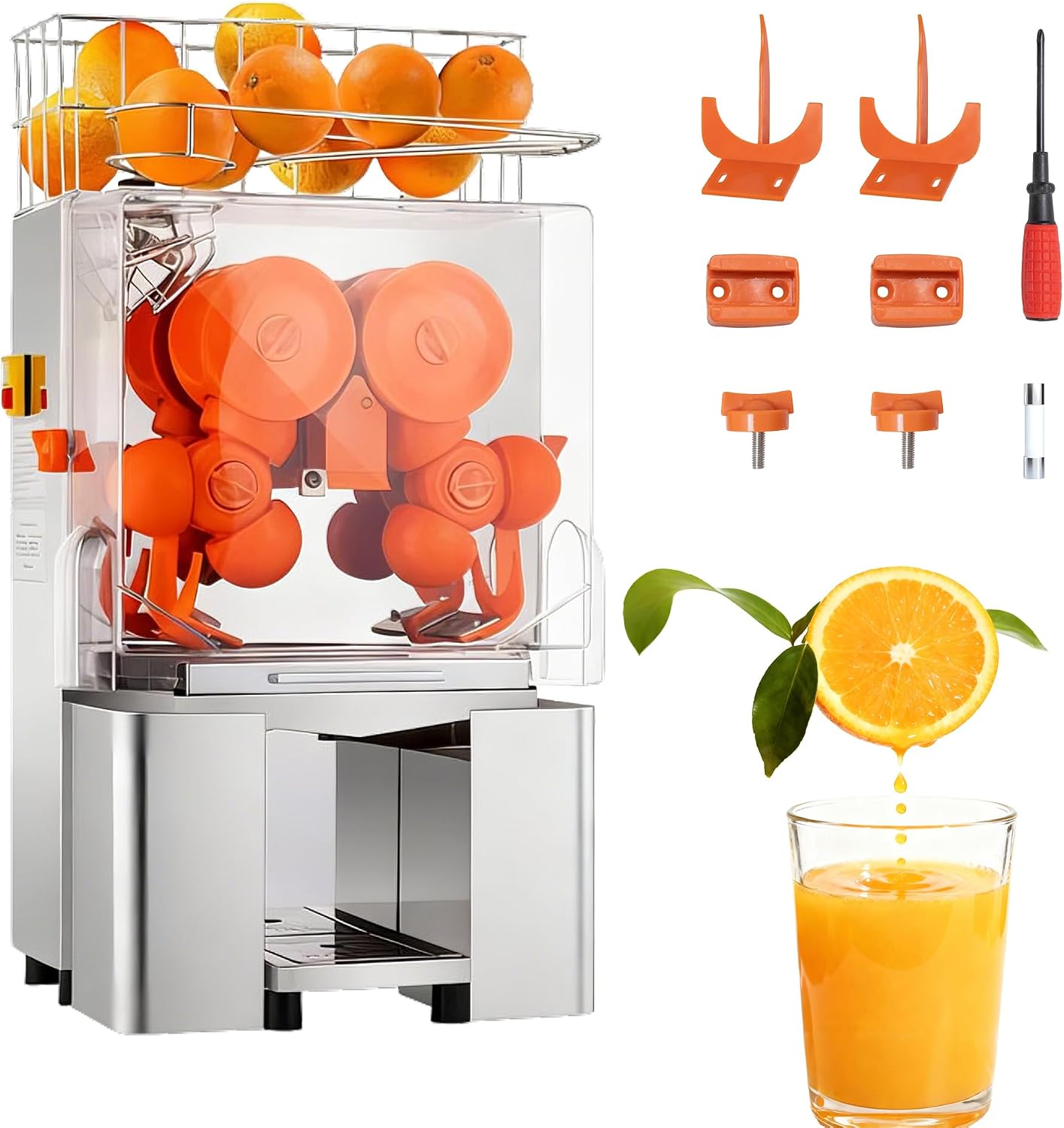 Commercial Juicer Machine E2x, Oranges Juice Machine with Pull-Out Filter Box Commercial Orange Juicer 22-30 Oranges Per Minute, 110V Juice Extractor, 120W Orange Squeezer