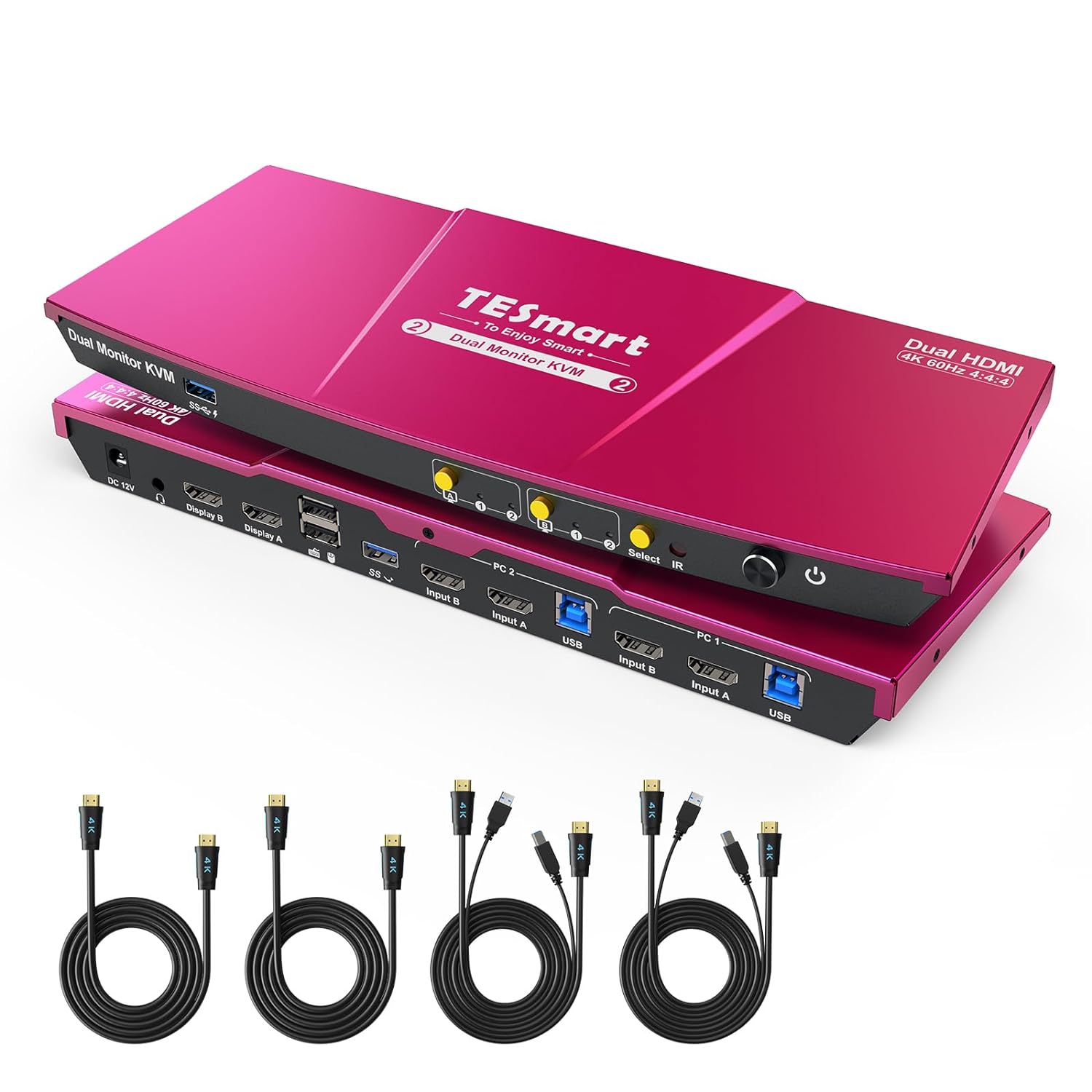 TESmart USB 3.0 HDMI KVM Switch 2 Monitors 2 Computers 4K@60Hz, Dual Monitor KVM Switch HDMI 2 Port Extended Display, Audio&Microphone, EDID Emulators, Hotkey Switch, Button Switch with Input Cables