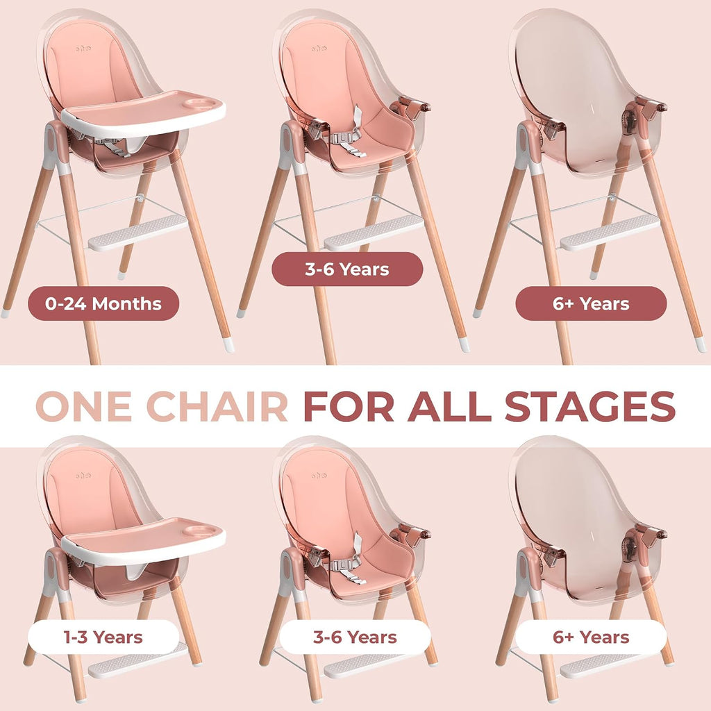 6 in 1 Deluxe Wooden High Chair for Babies & Toddlers Modern Safe Compact Baby Highchair, Easy to Clean, Removable Tray & Cushion, 6 Options 3 Seat Positions 2 Heights (Pink)