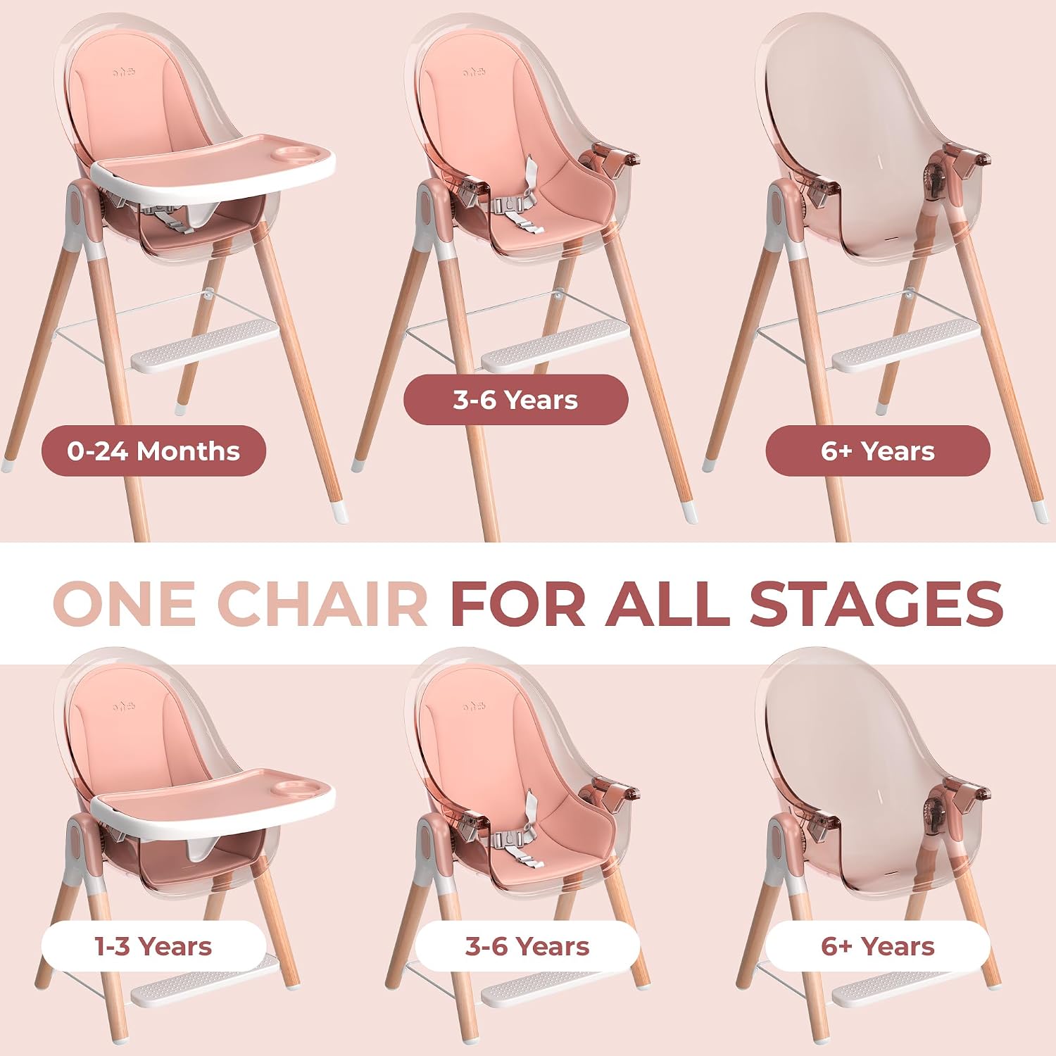 6 in 1 Deluxe Wooden High Chair for Babies & Toddlers Modern Safe Compact Baby Highchair, Easy to Clean, Removable Tray & Cushion, 6 Options 3 Seat Positions 2 Heights (Pink)