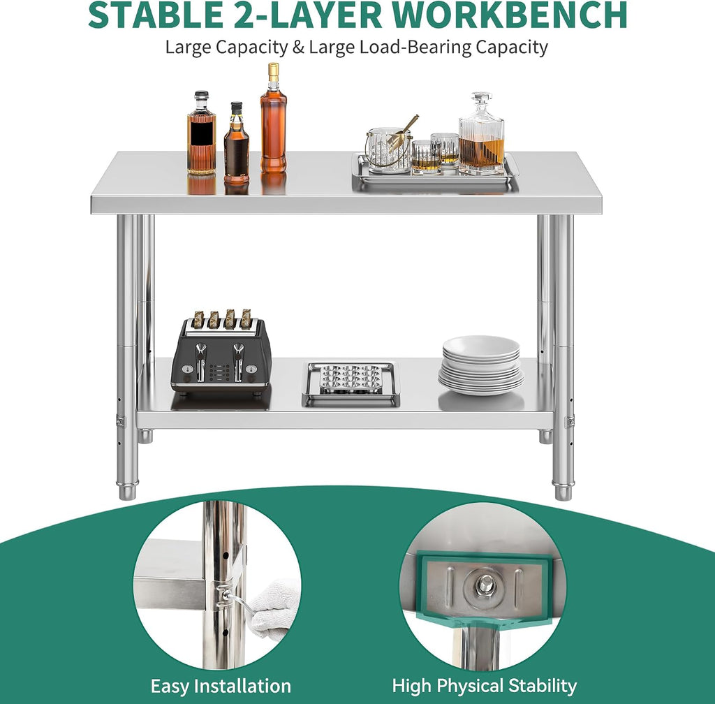 YITAHOME NSF Stainless Steel Table, 48' X 24' Work Table w/Undershelf, Heavy Duty Prep Table for Home Kitchen Commercial Restaurant Garage Warehouse Outdoor