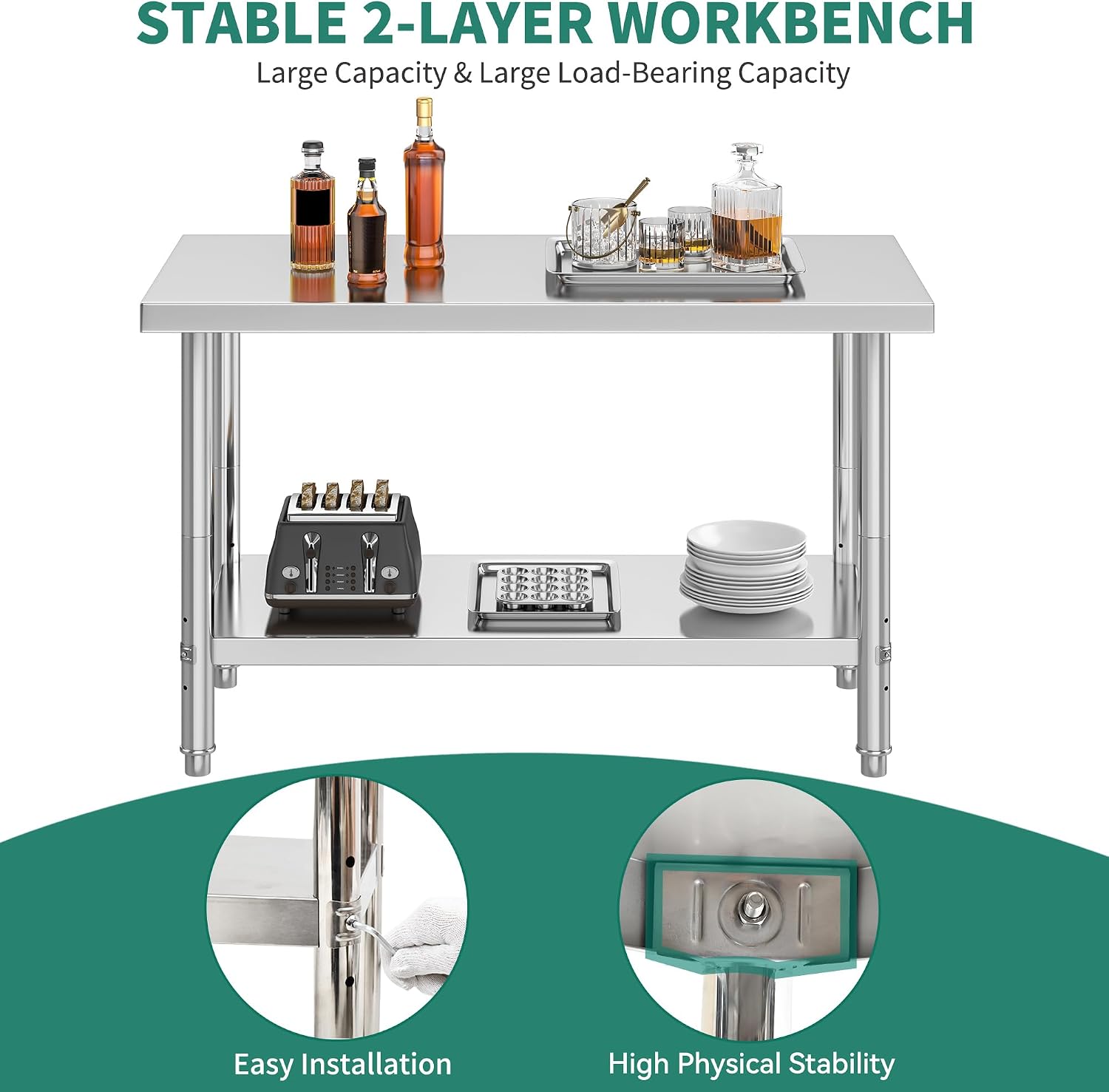 YITAHOME NSF Stainless Steel Table, 48' X 24' Work Table w/Undershelf, Heavy Duty Prep Table for Home Kitchen Commercial Restaurant Garage Warehouse Outdoor