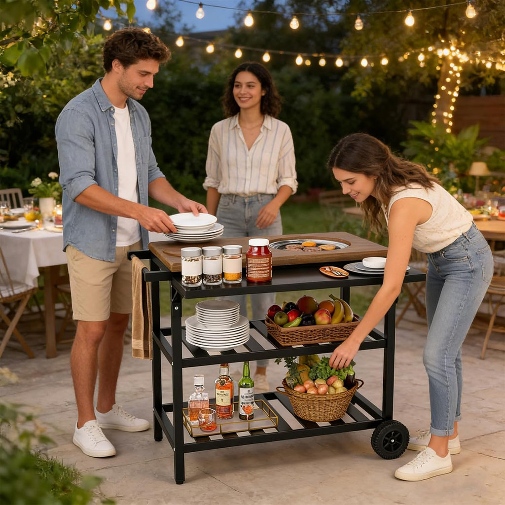 Giantex Outdoor Grill Cart with Korean BBQ Charcoal Grill, Dual Cooking Surfaces, Rolling Food Prep Table with Foldable Side Shelf, Storage Shelves, Wood-Look Top, for Patio, Party & Backyard Cooking