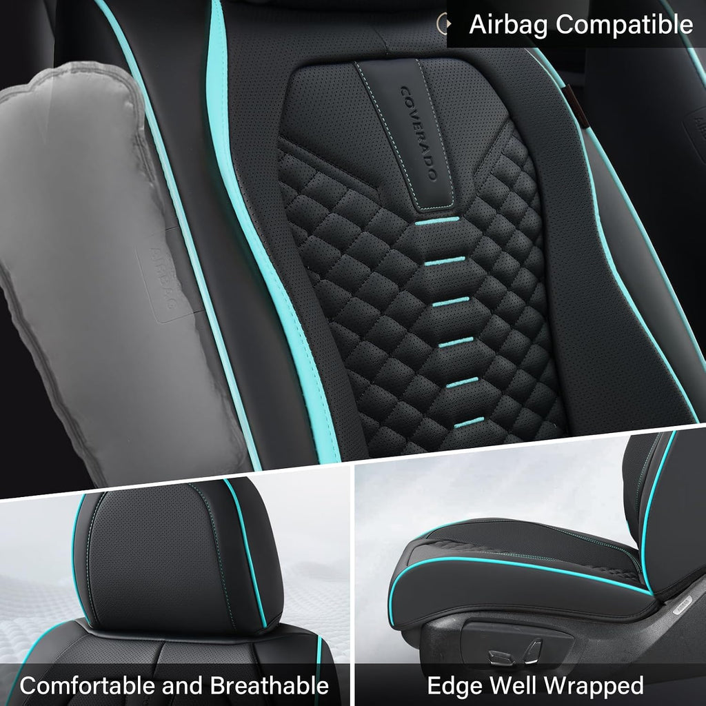 Coverado Seat Covers, Car Seat Cover Front Seats, 2 Pack Universal Seat Covers for Cars, Nappa Leather Waterproof Seat Cover, Car Seat Protectors, Front Seat Cover Fit for Most Cars, Black&Blue