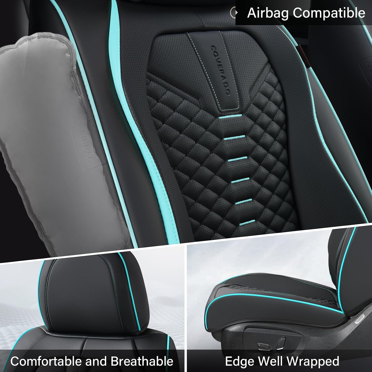 Coverado Seat Covers, Car Seat Cover Front Seats, 2 Pack Universal Seat Covers for Cars, Nappa Leather Waterproof Seat Cover, Car Seat Protectors, Front Seat Cover Fit for Most Cars, Black&Blue