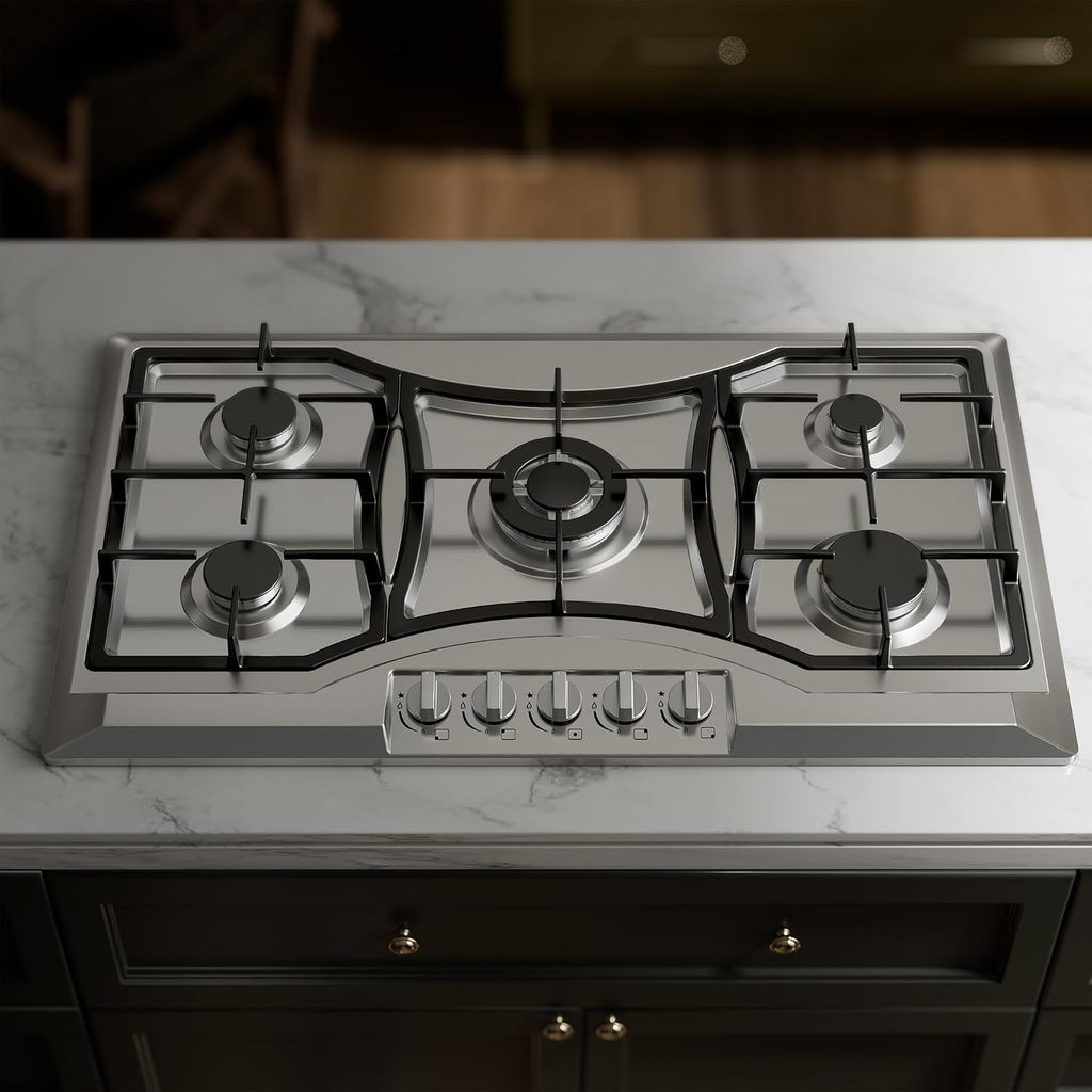 36 inch Drop-in Gas Cooktop with 5 Sealed Burners, Stainless Steel Gas Stovetop, Dishwasher Safe Cast Iron Grates, NG/LPG Convertible, 38K BTU