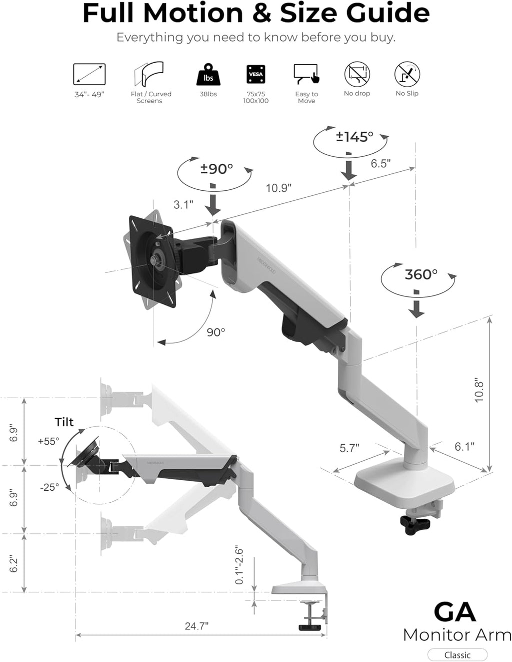 Modernsolid Heavy Duty Monitor Arm Desk Mount for 34-49 Inch Ultrawide Curved Monitors, Supports 14-38 lbs, Gas Spring Ergonomic Full Motion with Cable Management, Red Dot Design Awarded, White